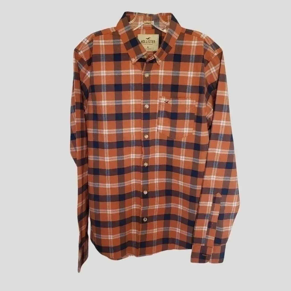 Hollister long sleeve plaid shirt men size M orange,blue,white